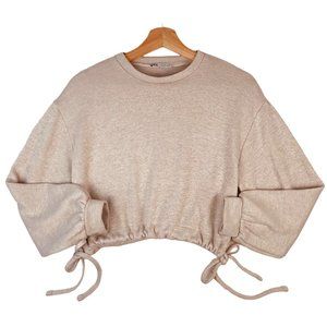 Zara Beige Long Sleeve Drawstring Waist Crop Top Size Small